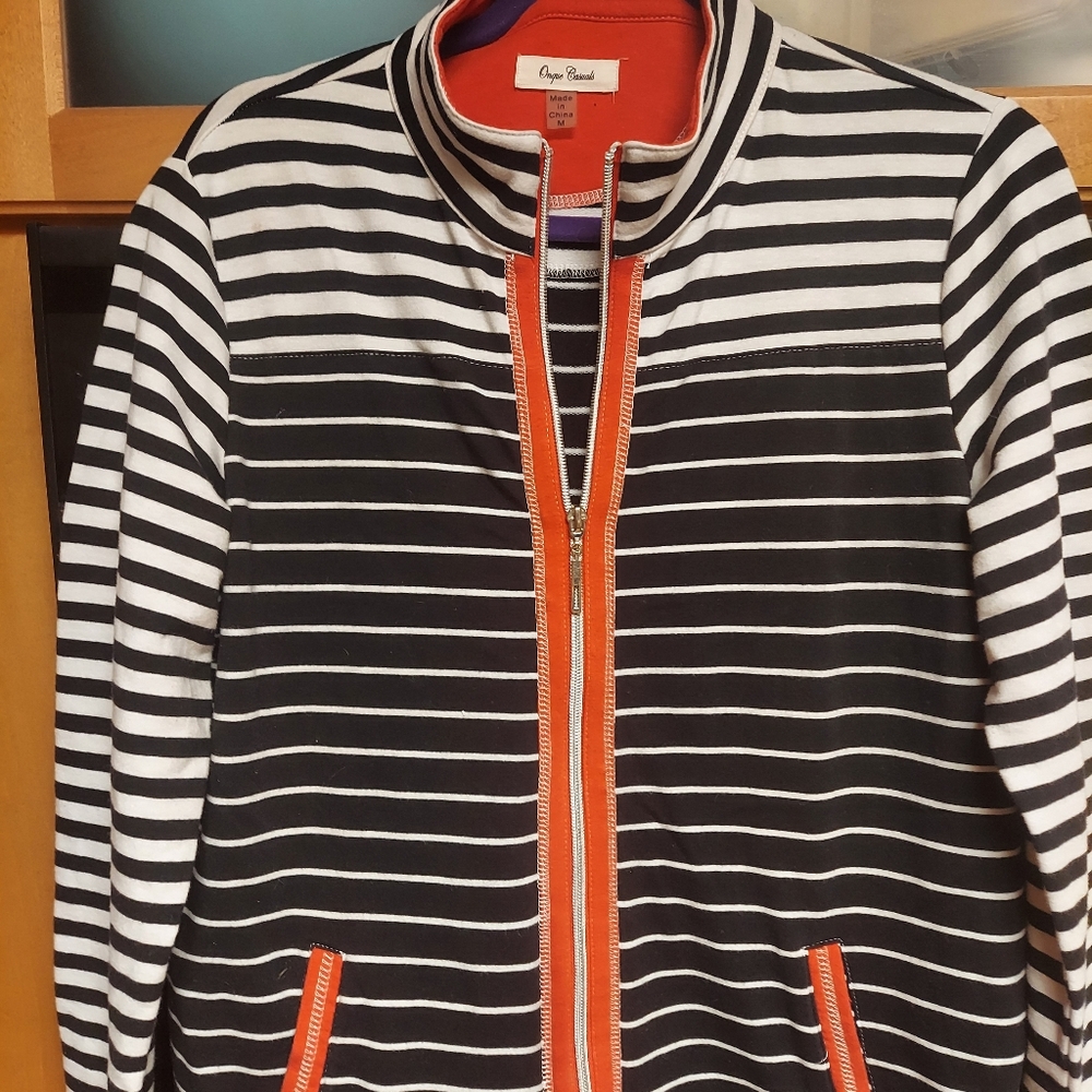 Onque striped layering zip up fashion jacket black white red trim medium